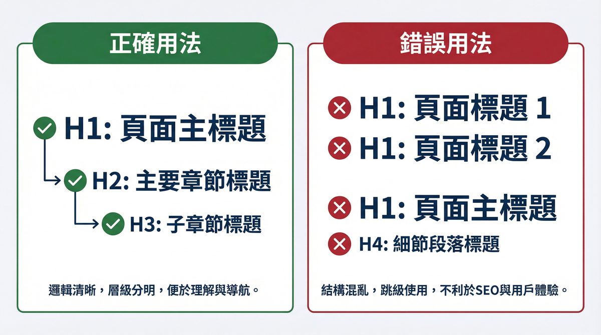 H標籤正確與錯誤用法對照圖