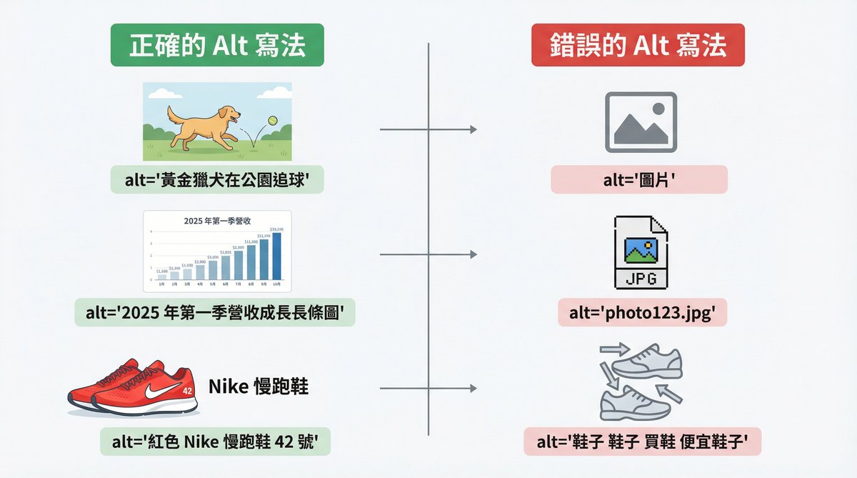 Alt 替代文字正確與錯誤寫法對照圖