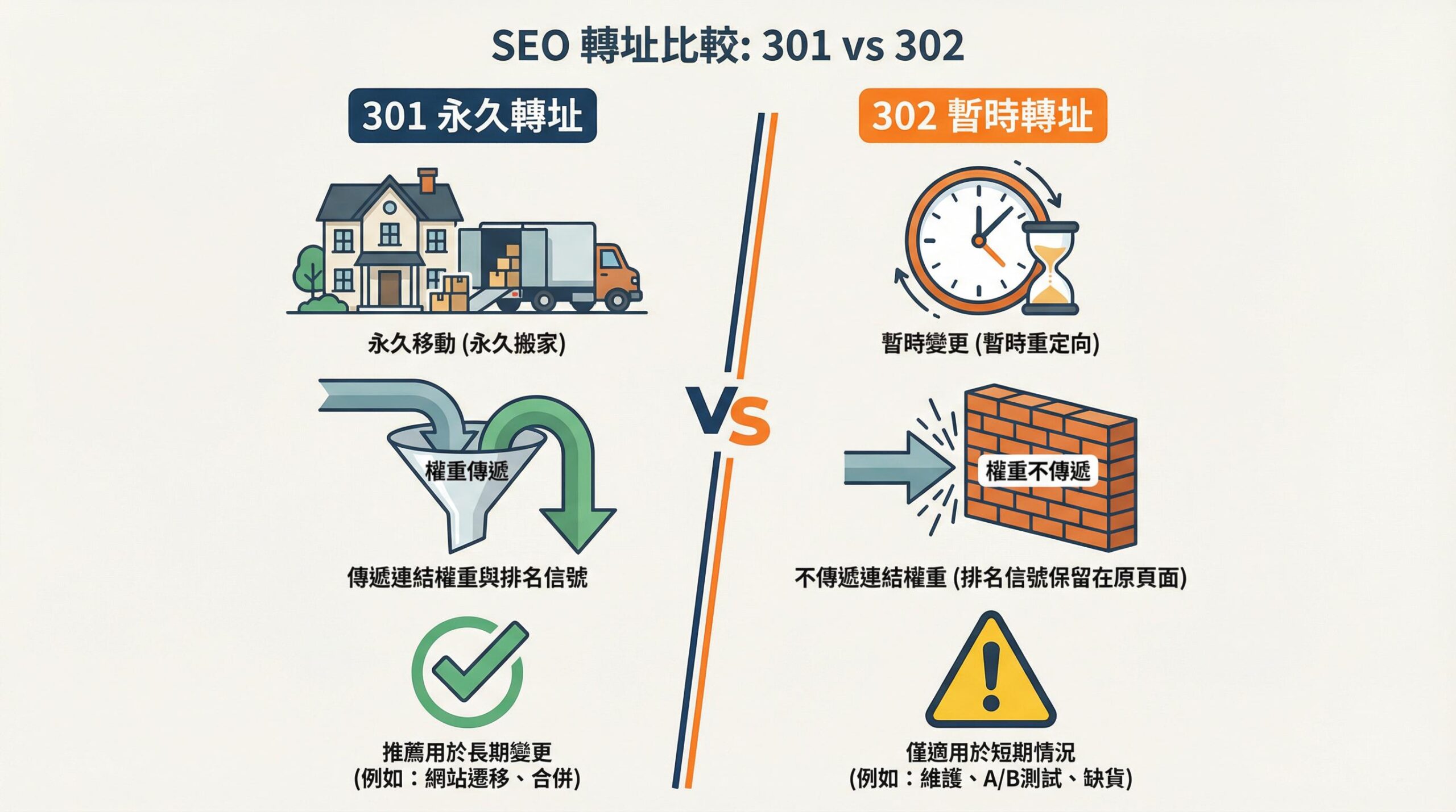網頁轉址概念圖：301 永久轉址與 302 暫時轉址的運作原理