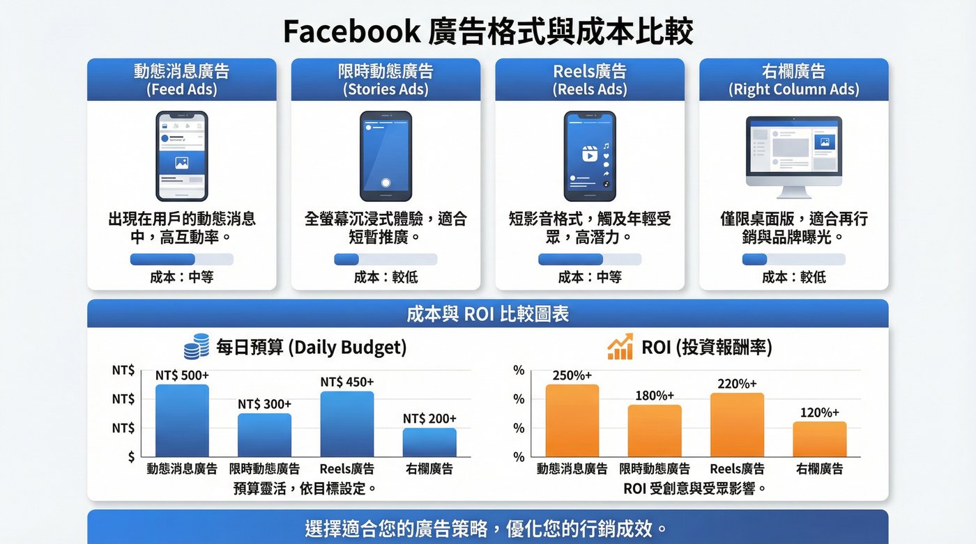 Facebook廣告格式與費用比較圖表