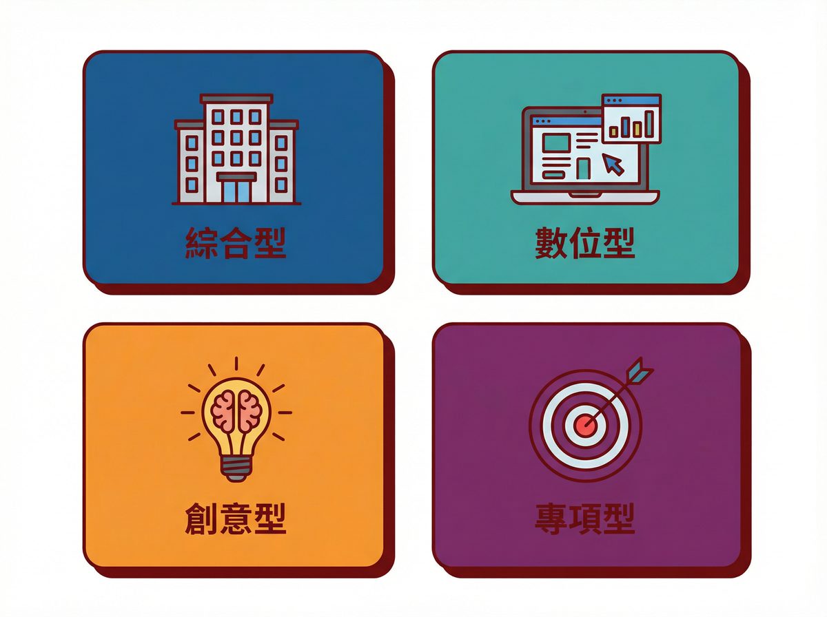 台灣廣告代理商四大類型：綜合型、數位型、創意型、專項型