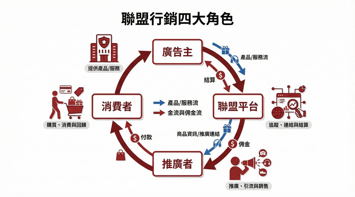 聯盟行銷四大角色：廣告主、聯盟平台、推廣者、消費者