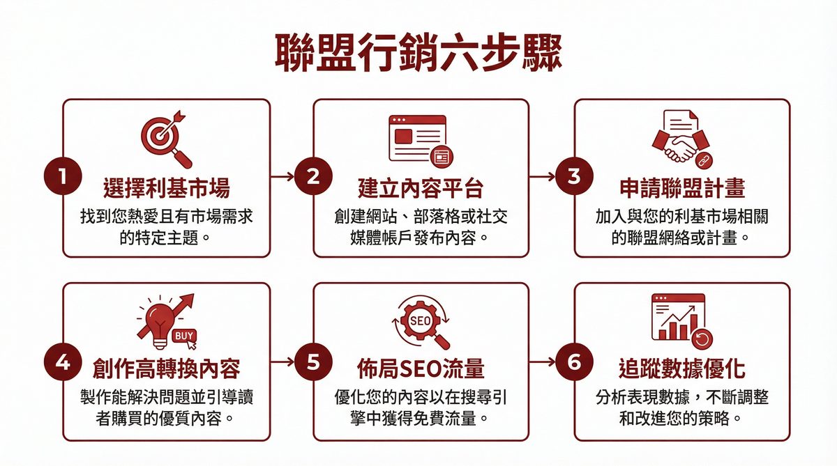 聯盟行銷六步驟：選擇利基市場、建立內容平台、申請聯盟計畫、創作高轉換內容、佈局SEO流量、追蹤數據優化