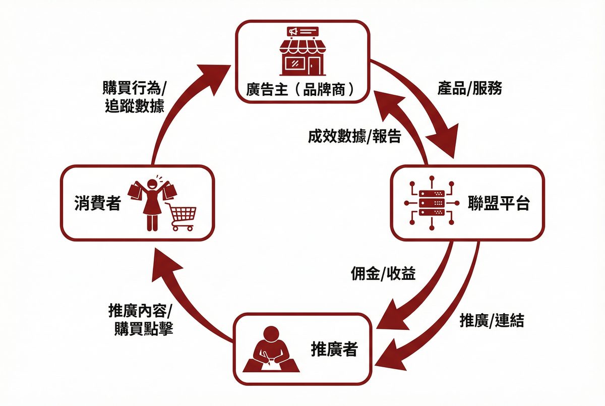 聯盟行銷四大角色循環圖：廣告主、聯盟平台、推廣者、消費者