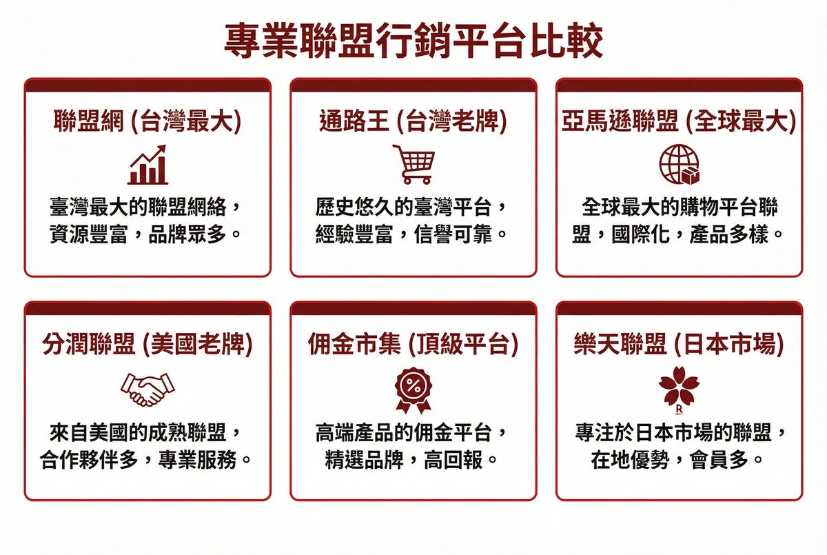 專業聯盟行銷平台比較：聯盟網、通路王、亞馬遜聯盟、分潤聯盟、佣金市集、樂天聯盟