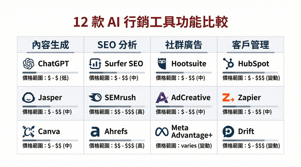 12 款 AI 行銷工具功能比較