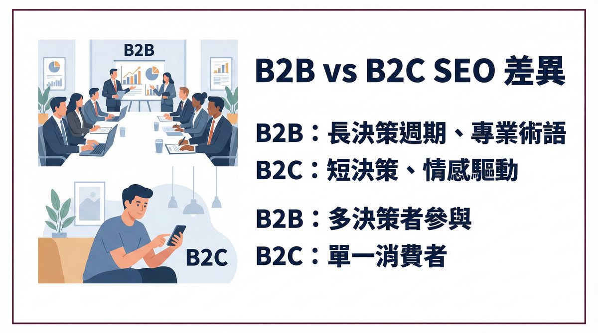 B2B SEO 與 B2C SEO 五大核心差異比較圖