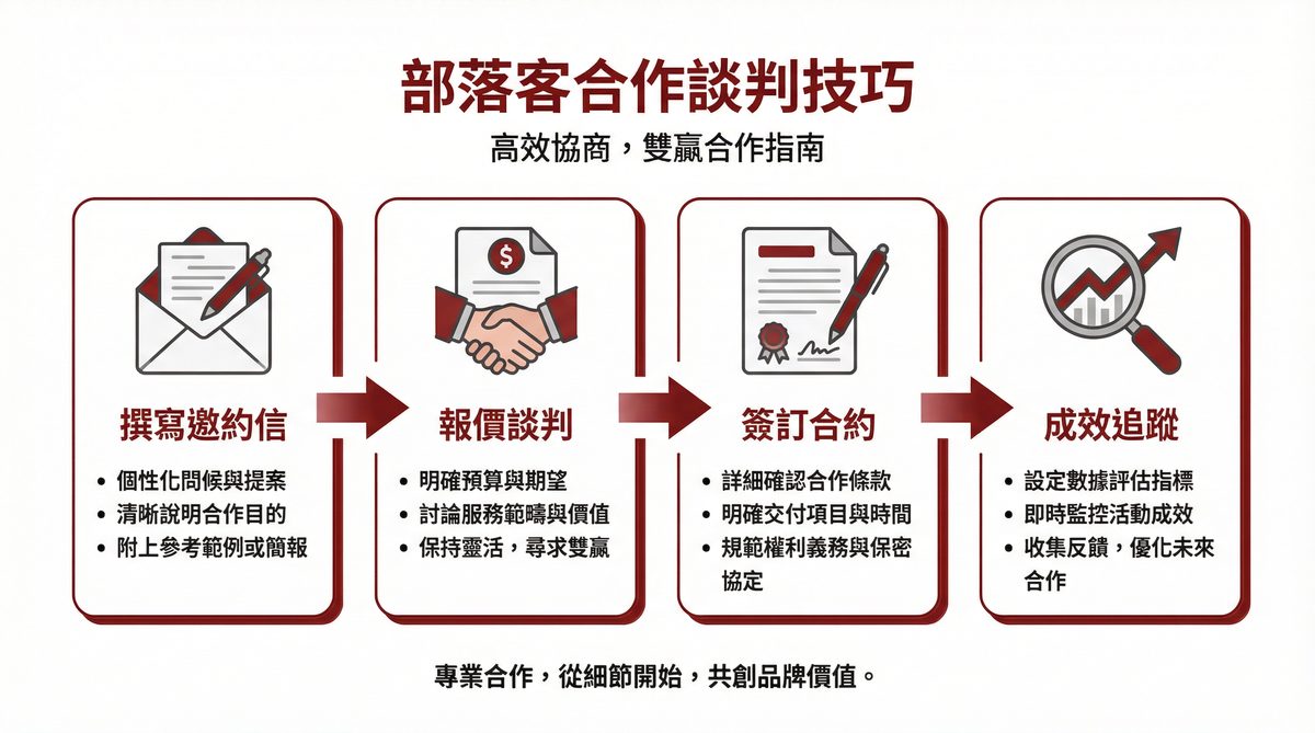 部落客合作談判技巧四步驟：撰寫邀約信、報價談判、簽訂合約、成效追蹤