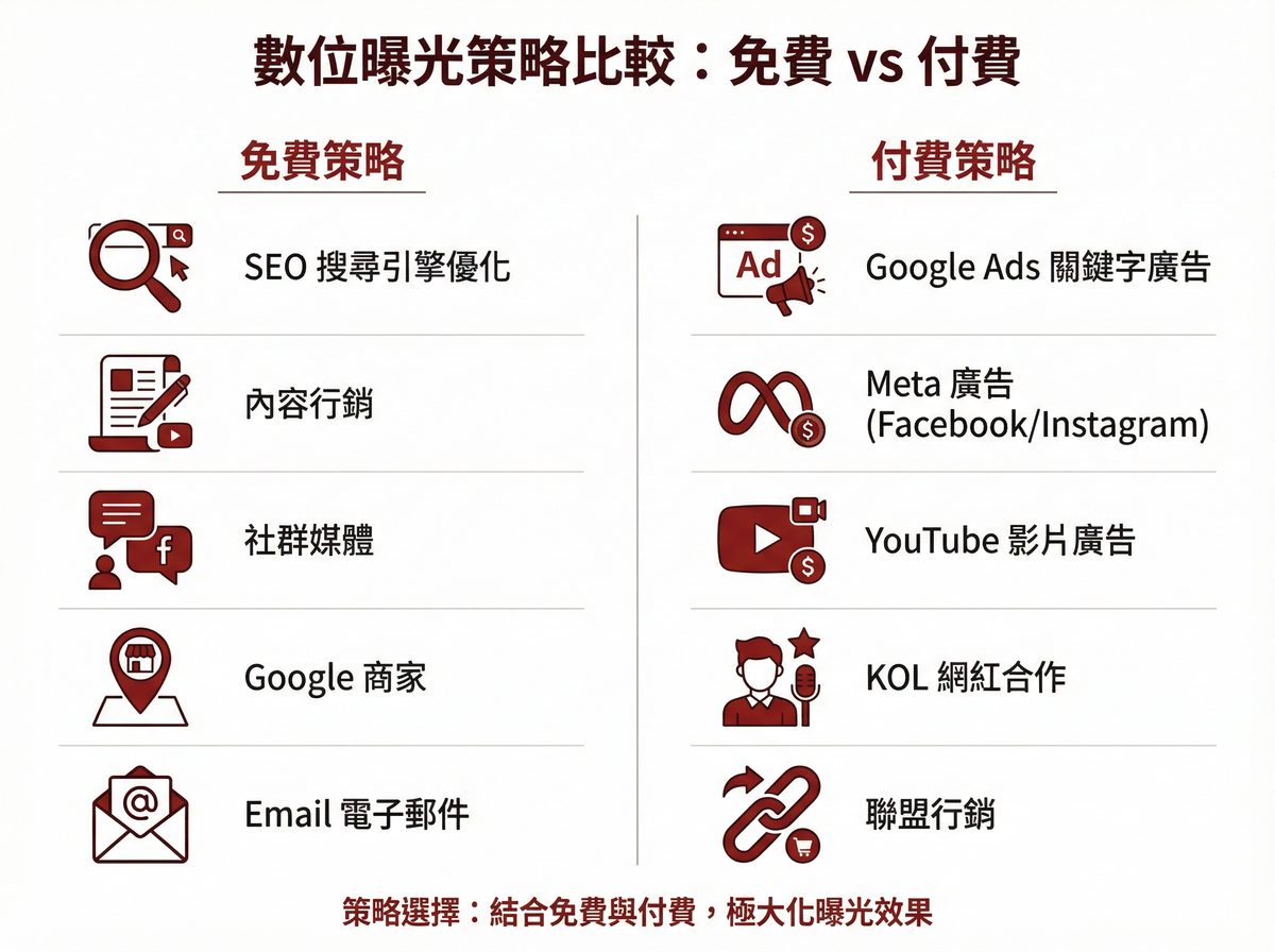 數位曝光策略比較：免費策略（SEO、內容行銷、社群媒體、Google 商家、Email）vs 付費策略（Google Ads、Meta 廣告、YouTube、KOL、聯盟行銷）