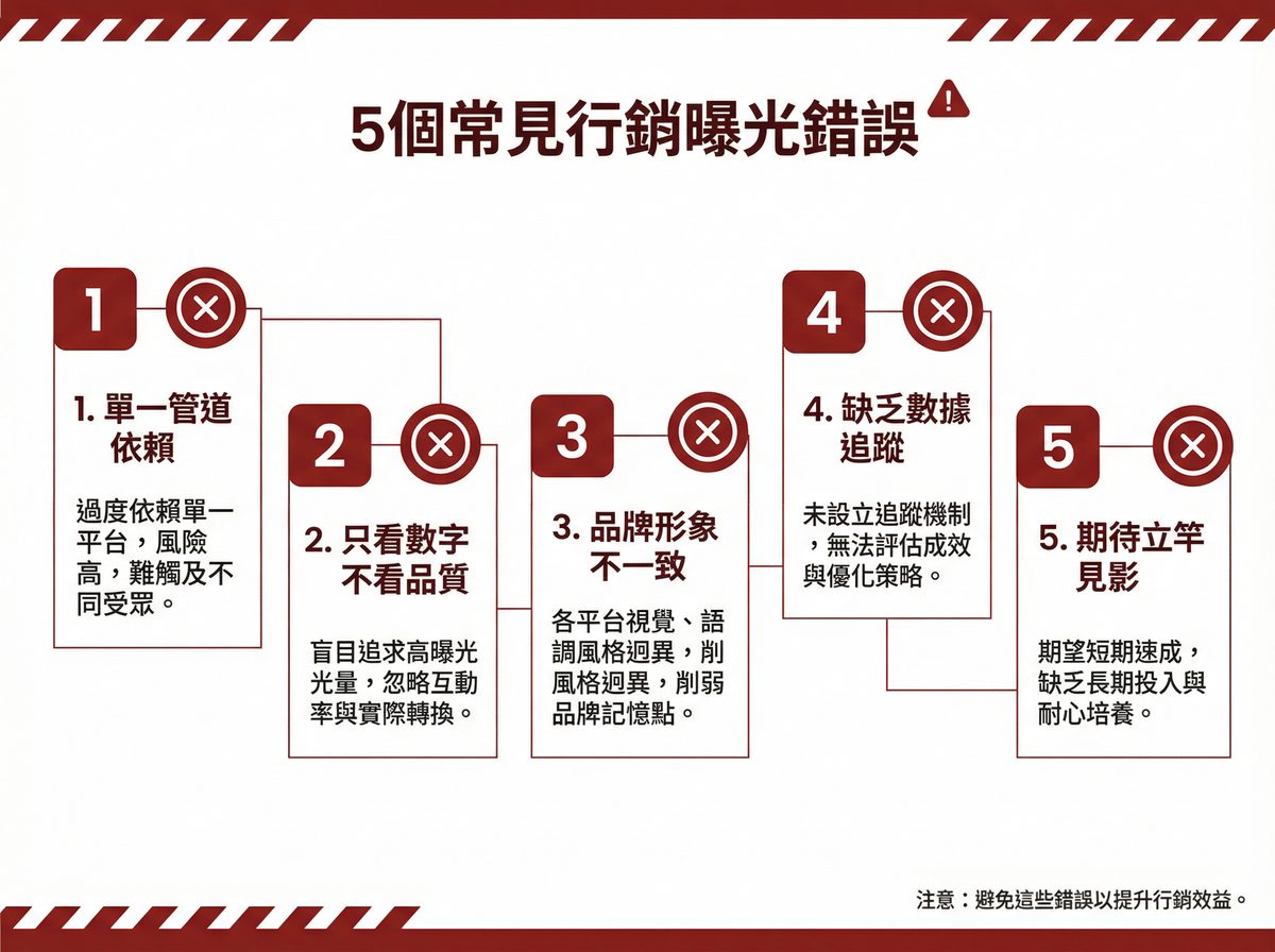 企業最常犯的五個行銷曝光錯誤：單一管道依賴、只看數字不看品質、品牌形象不一致、缺乏數據追蹤、期待立竿見影