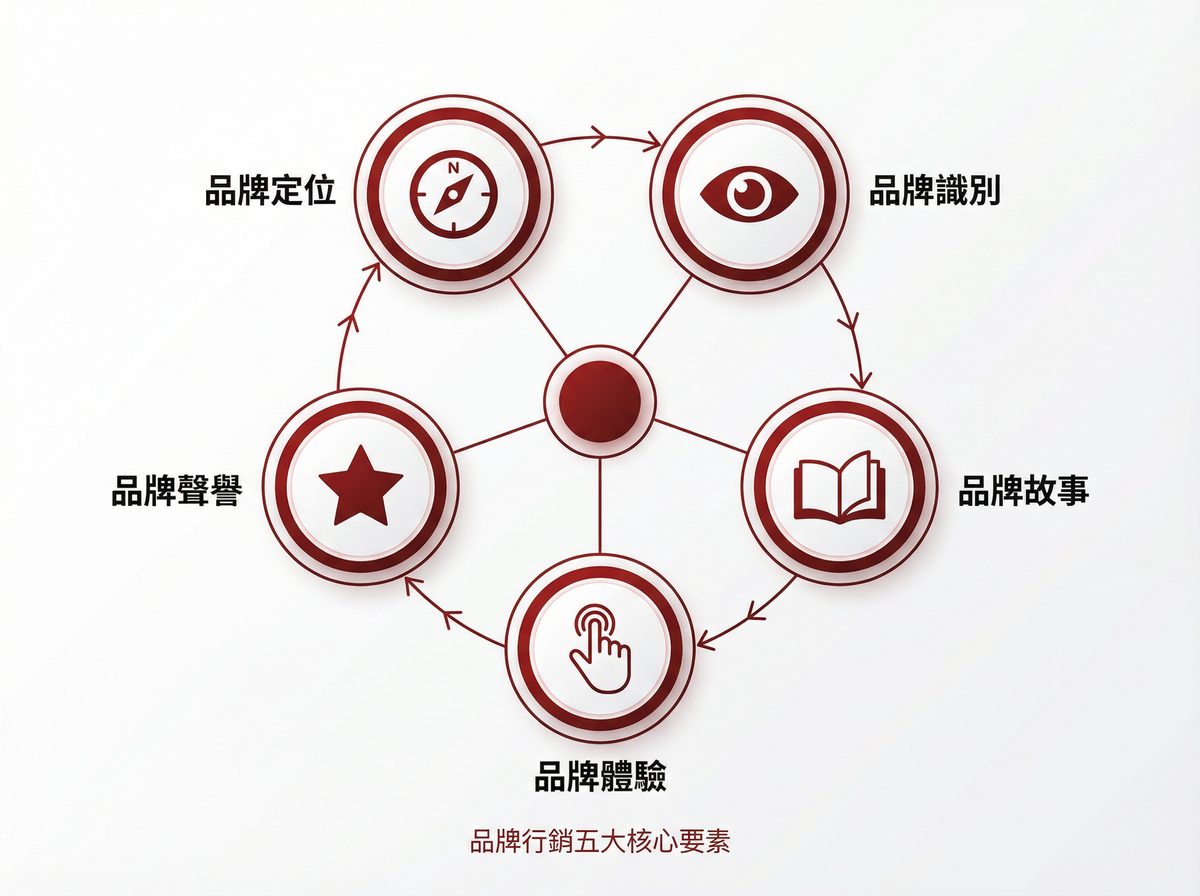 品牌行銷五大核心要素：品牌定位、品牌識別、品牌故事、品牌體驗、品牌聲譽