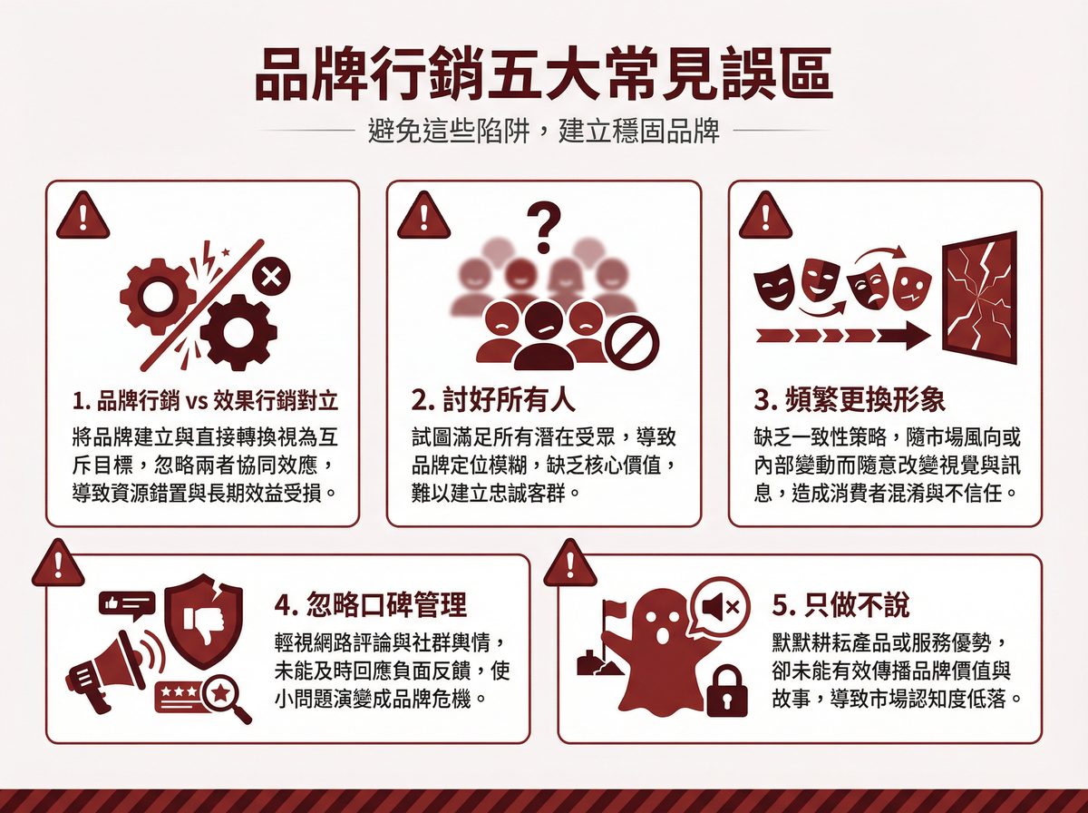 品牌行銷五大常見誤區：品牌行銷 vs 效果行銷對立、討好所有人、頻繁更換形象、忽略口碑管理、只做不說