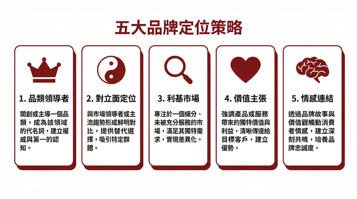 五大品牌定位策略：品類領導者、對立面定位、利基市場、價值主張、情感連結