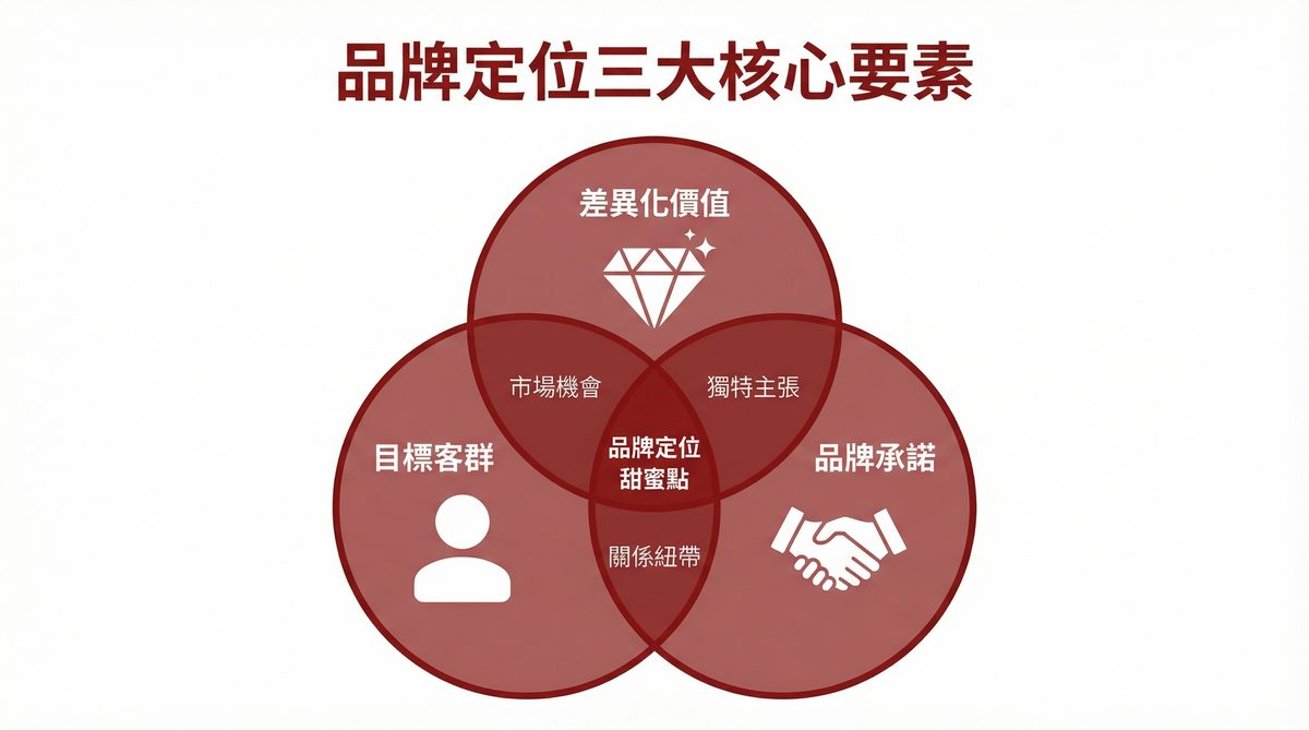 品牌定位三大核心要素：目標客群、差異化價值、品牌承諾的交集甜蜜點