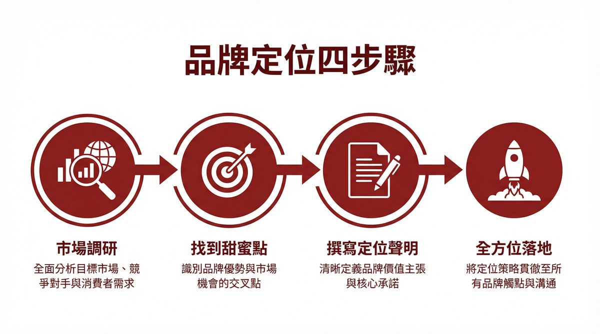 品牌定位四步驟：市場調研、找到甜蜜點、撰寫定位聲明、全方位落地