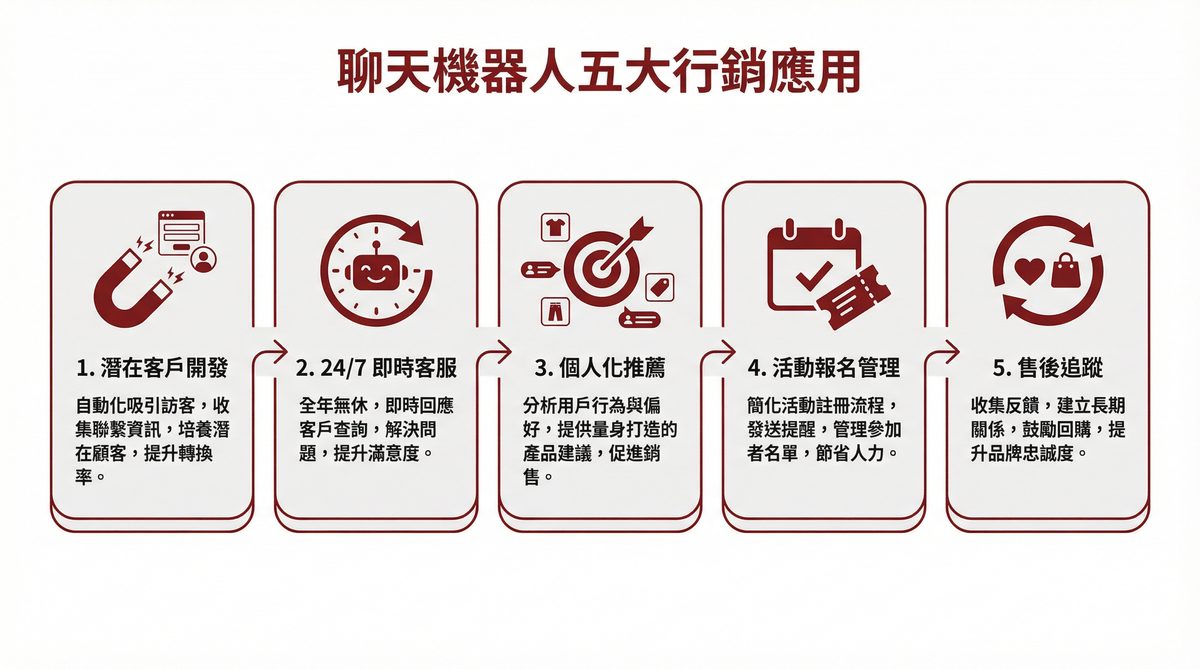 聊天機器人五大行銷應用：潛在客戶開發、24/7 即時客服、個人化推薦、活動報名管理、售後追蹤