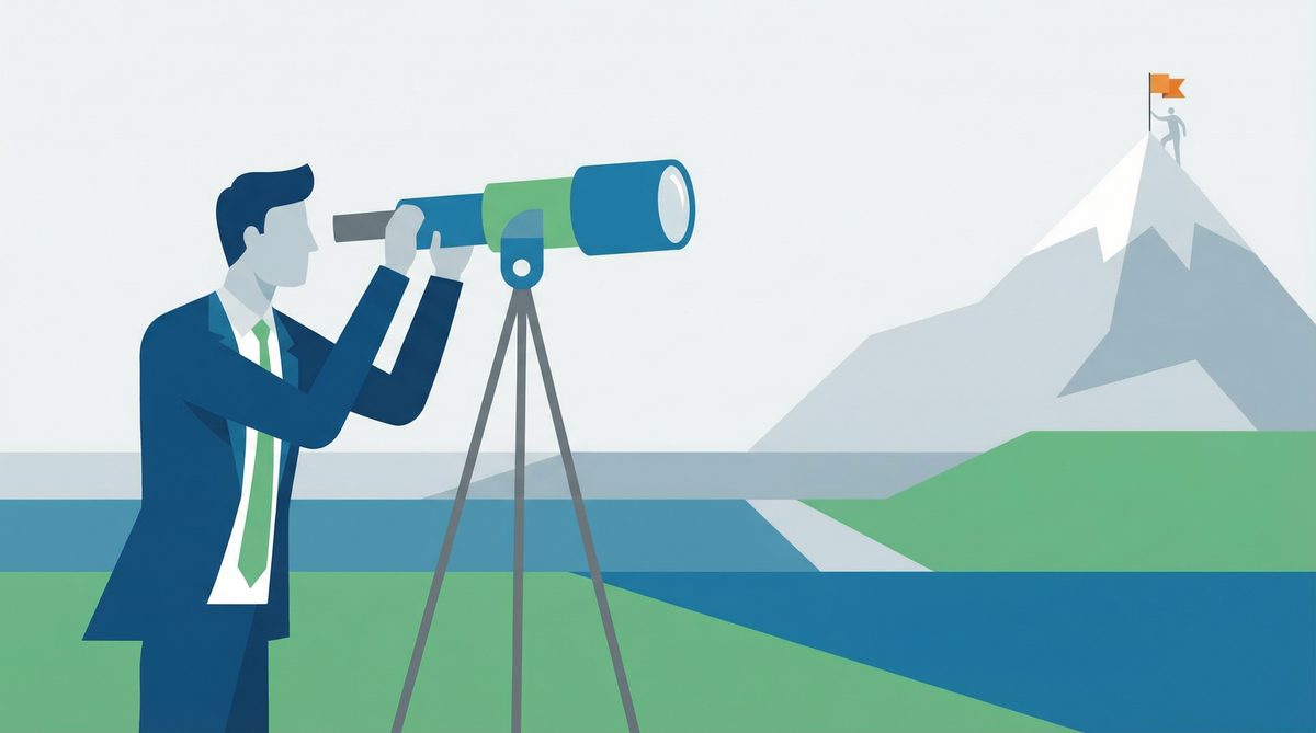競品分析概念圖：透過望遠鏡觀察競爭對手的市場佈局