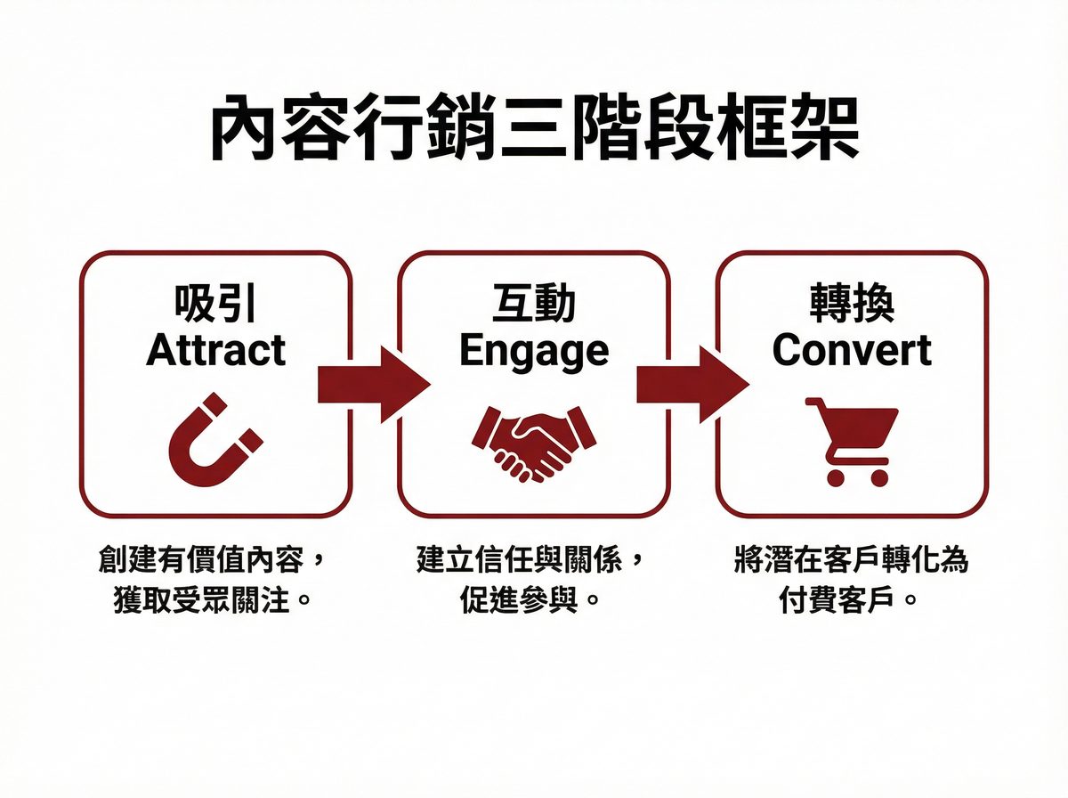 內容行銷三階段框架：吸引 Attract、互動 Engage、轉換 Convert
