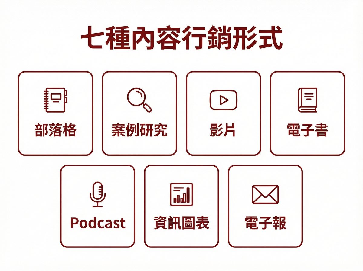 七種內容行銷形式：部落格、案例研究、影片、電子書、Podcast、資訊圖表、電子報