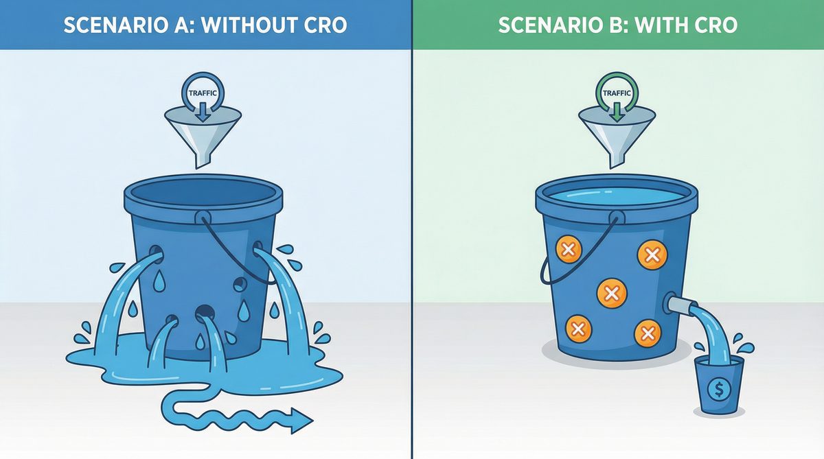 轉換率優化 CRO 概念圖：修補漏水的網站水桶