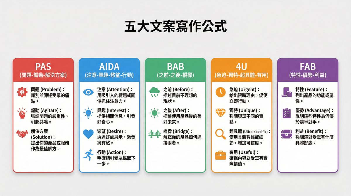 五大文案寫作公式：PAS、AIDA、BAB、4U、FAB