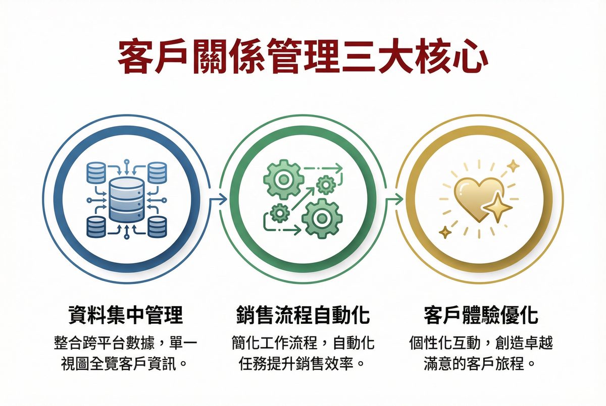 CRM 客戶關係管理三大核心：資料集中管理、銷售流程自動化、客戶體驗優化