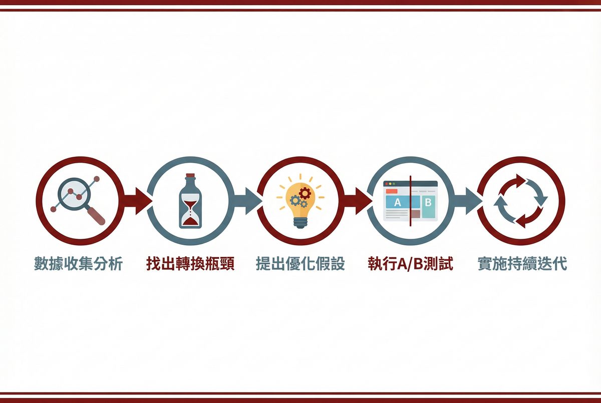 CRO 轉換率優化五步驟執行框架：數據收集、找出瓶頸、提出假設、A/B 測試、持續迭代