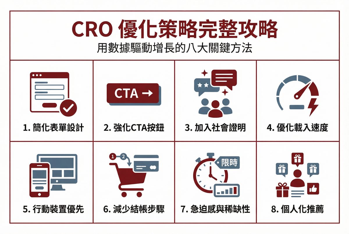 CRO 八大優化策略：簡化表單、強化 CTA、社會證明、載入速度、行動優先、減少結帳步驟、急迫感、個人化推薦