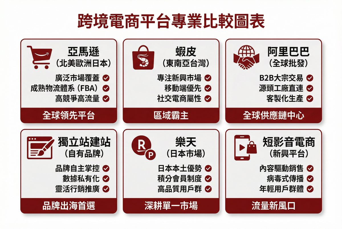 跨境電商平台專業比較圖表：亞馬遜、蝦皮、阿里巴巴、獨立站、樂天、短影音電商