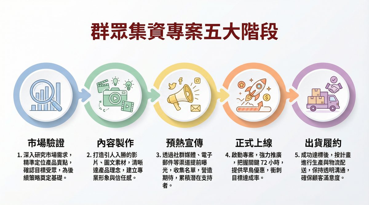 群眾集資專案五大階段：市場驗證、內容製作、預熱宣傳、正式上線、出貨履約