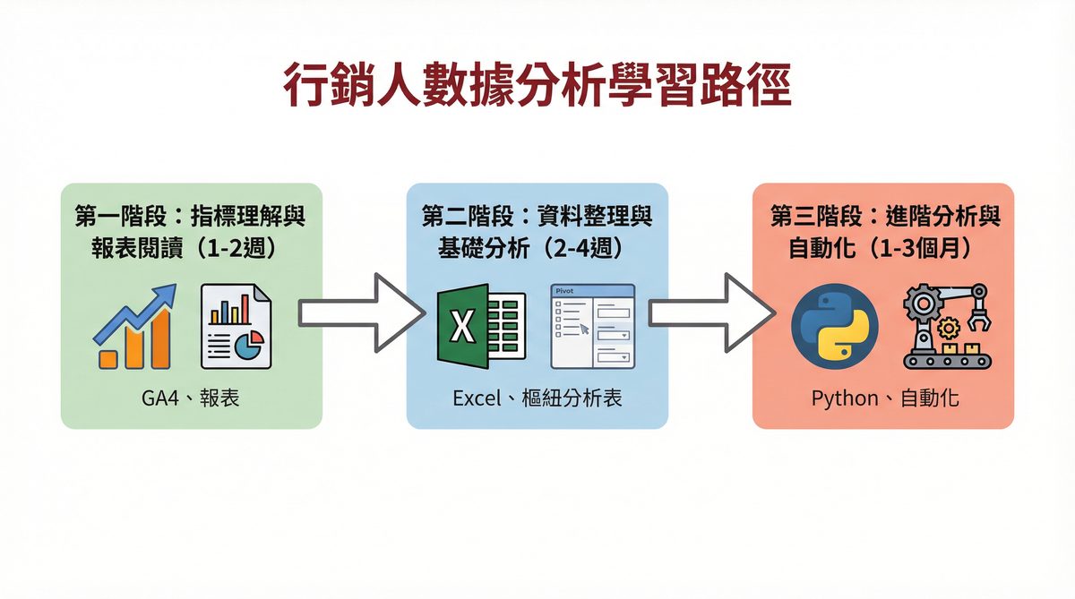 行銷人數據分析入門三階段：指標理解與報表閱讀、資料整理與基礎分析、進階分析與自動化