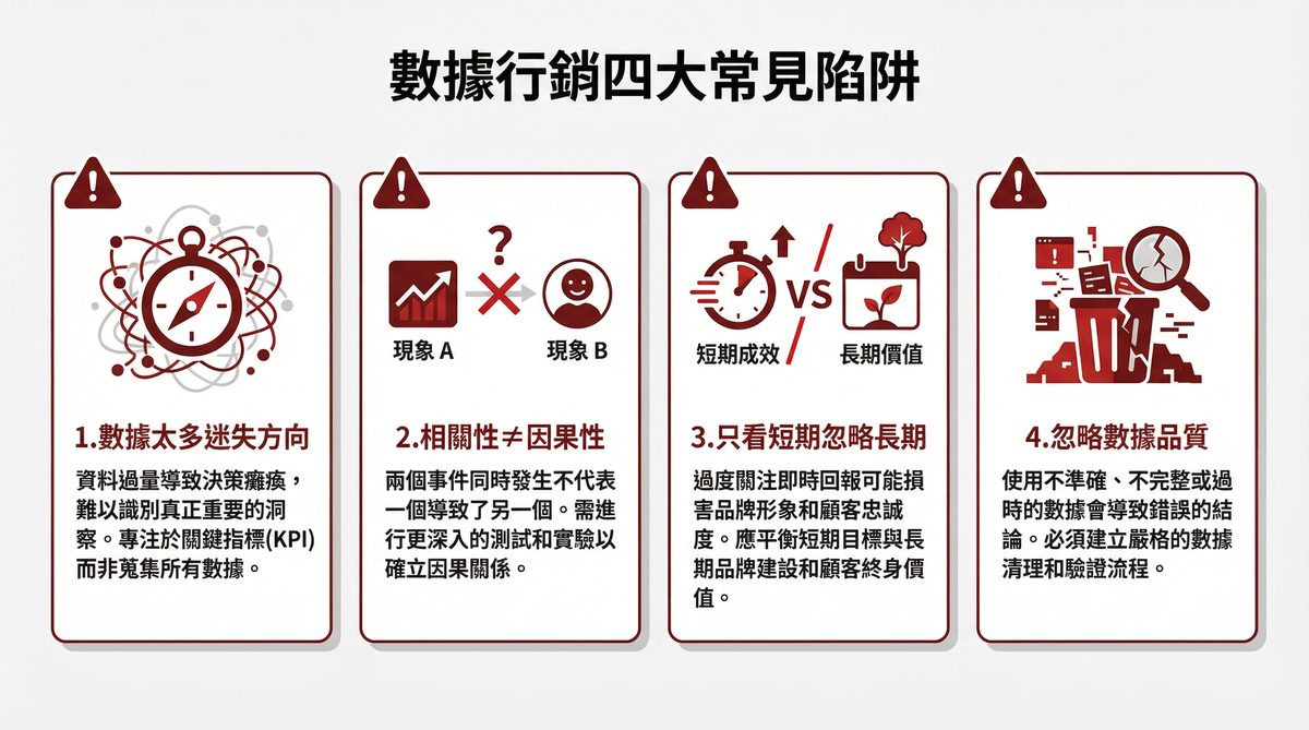 數據行銷四大常見陷阱：數據太多迷失方向、相關性不等於因果性、只看短期忽略長期、忽略數據品質