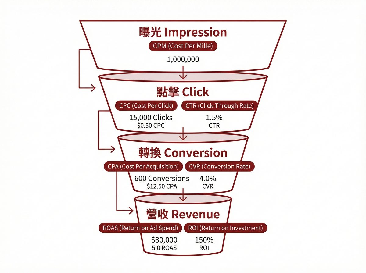 數位廣告漏斗：從曝光到營收的指標對應關係