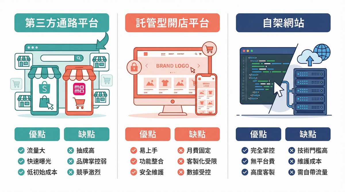 三種網路開店模式比較：第三方通路平台、託管型開店平台、自架網站的優缺點