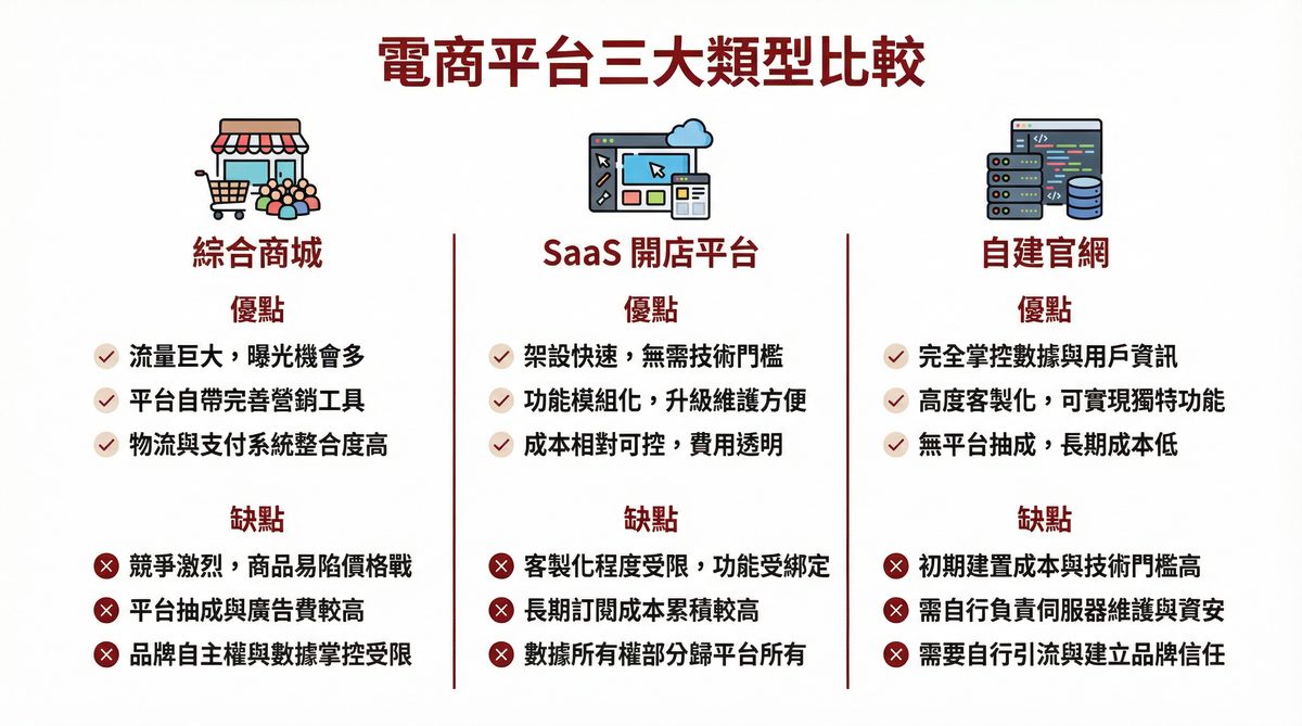 電商平台三大類型比較：綜合商城、SaaS 開店平台、自建官網