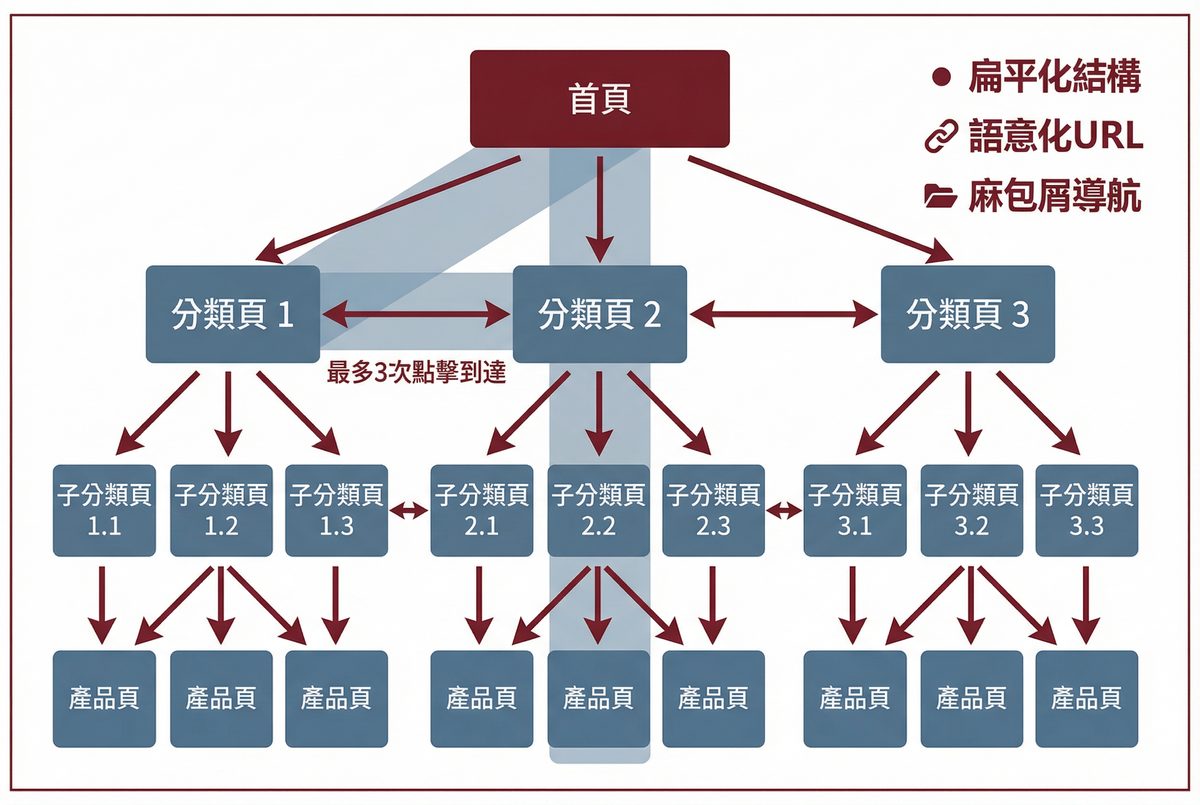 電商網站 SEO 扁平化架構圖：首頁、分類頁、子分類頁、產品頁的層級結構