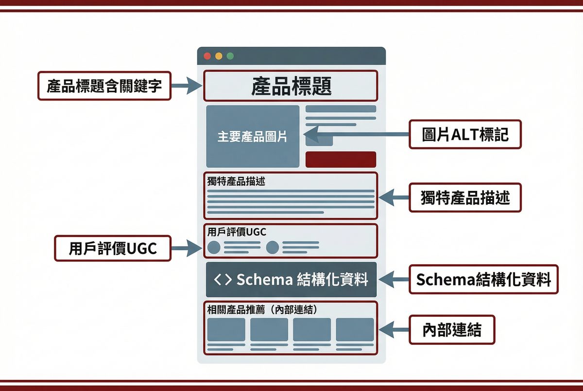 產品頁面 SEO 優化檢查清單：標題含關鍵字、獨特描述、圖片 ALT 標記、用戶評價 UGC、Schema 結構化資料、內部連結