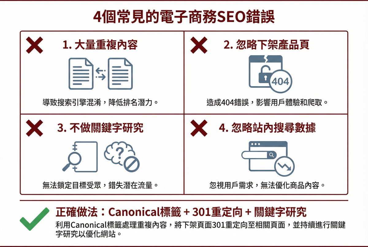 4 個常見的電商 SEO 錯誤：大量重複內容、忽略下架產品頁、不做關鍵字研究、忽略站內搜尋數據