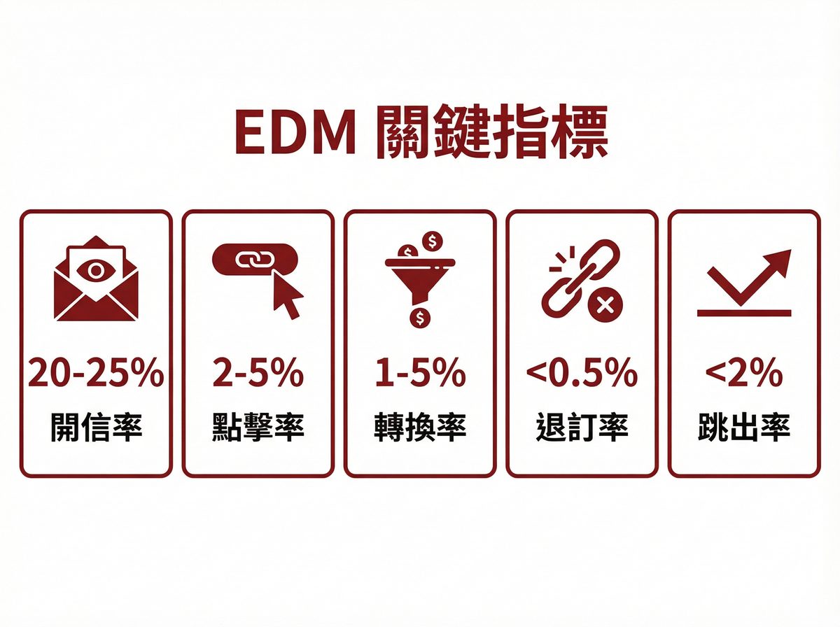 EDM 關鍵指標：開信率 20-25%、點擊率 2-5%、轉換率 1-5%、退訂率低於 0.5%、跳出率低於 2%