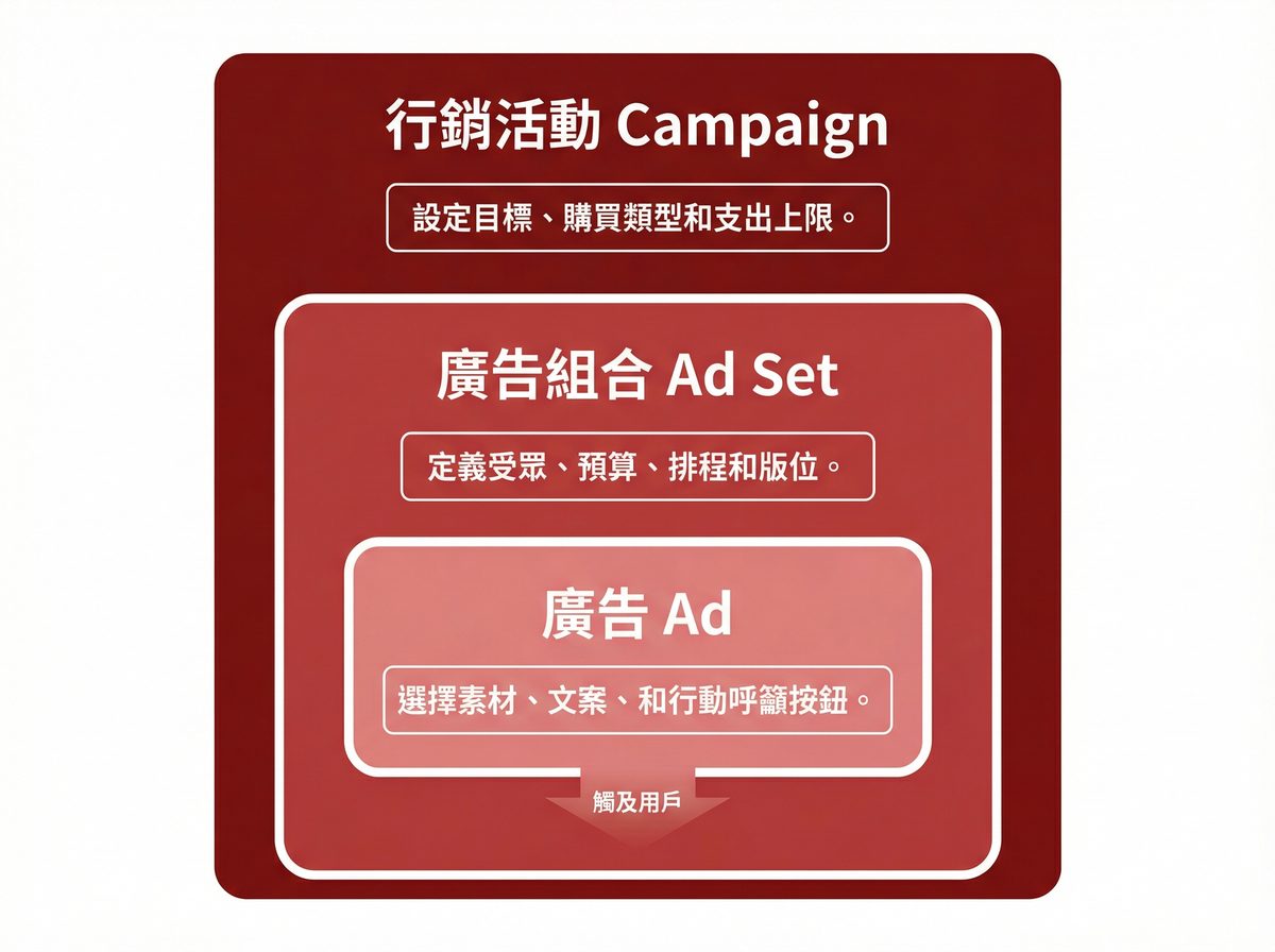 Facebook 廣告三層架構：行銷活動 Campaign、廣告組合 Ad Set、廣告 Ad