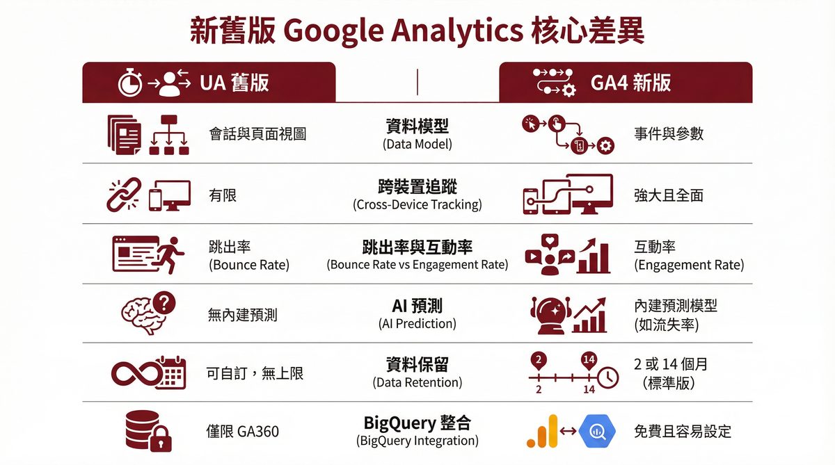 新舊版 Google Analytics 核心差異比較：UA 工作階段導向 vs GA4 事件導向