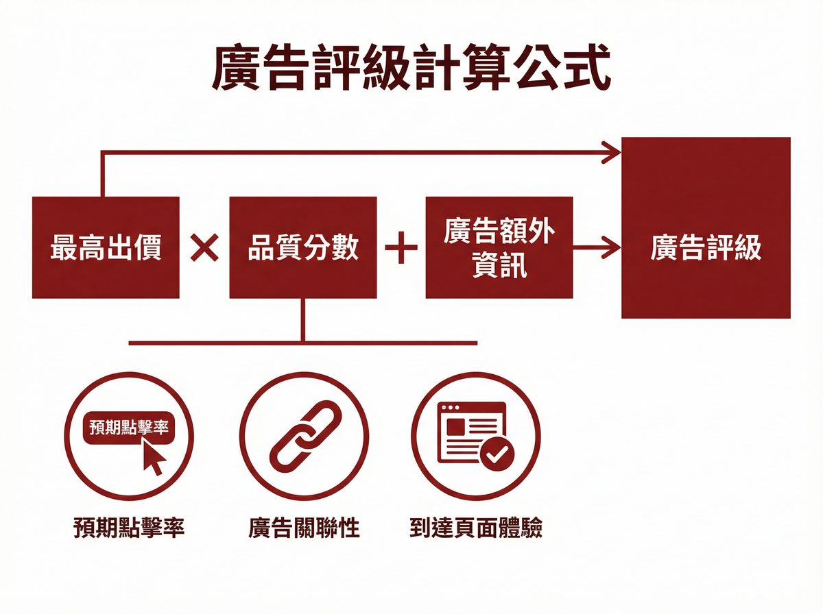 Google Ads 廣告評級計算公式：最高出價乘以品質分數加上廣告額外資訊