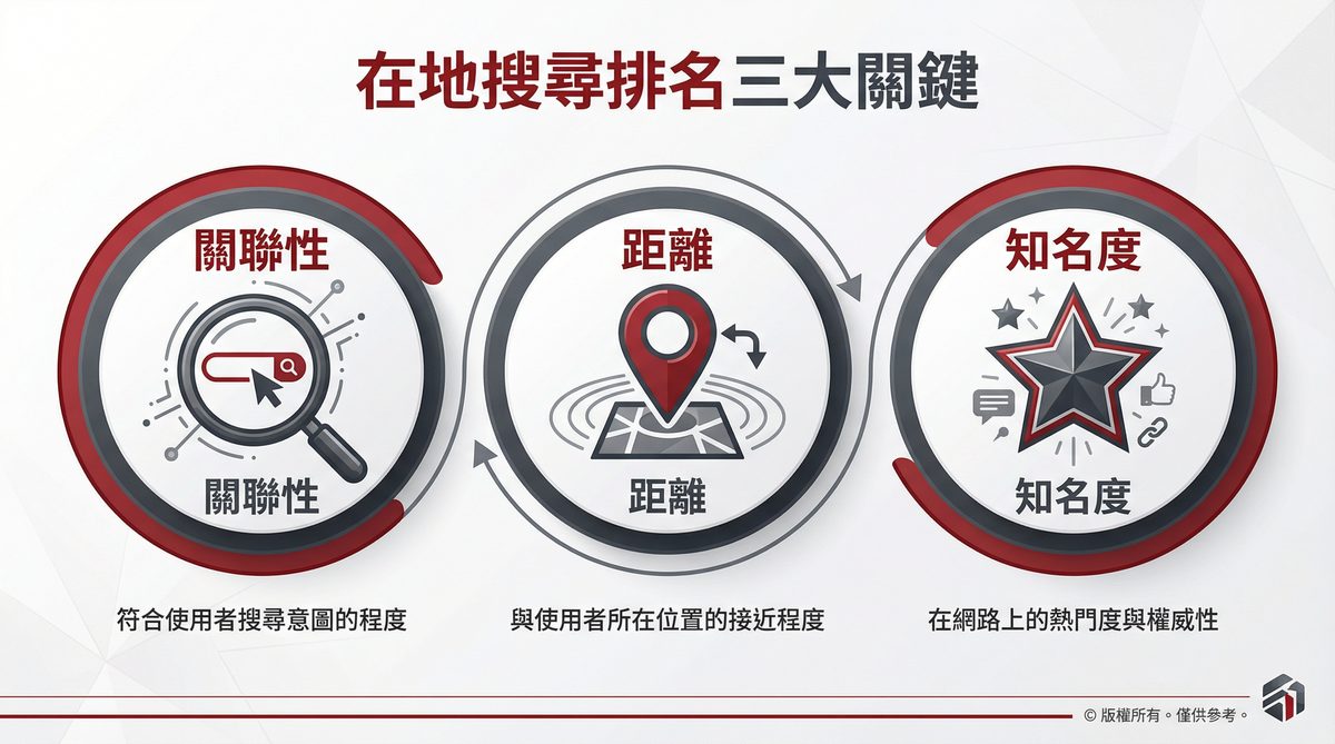 在地搜尋排名三大關鍵因素：關聯性、距離、知名度