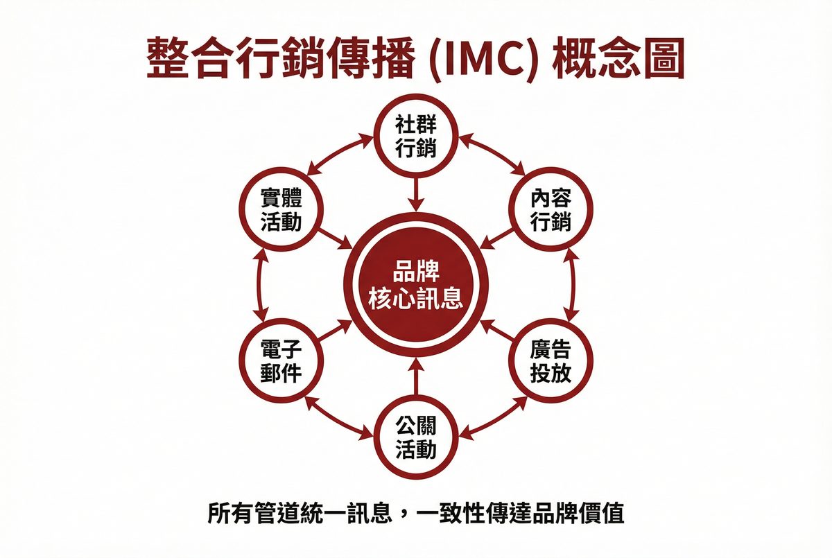 整合行銷傳播概念圖：品牌核心訊息與六大管道的統一傳播