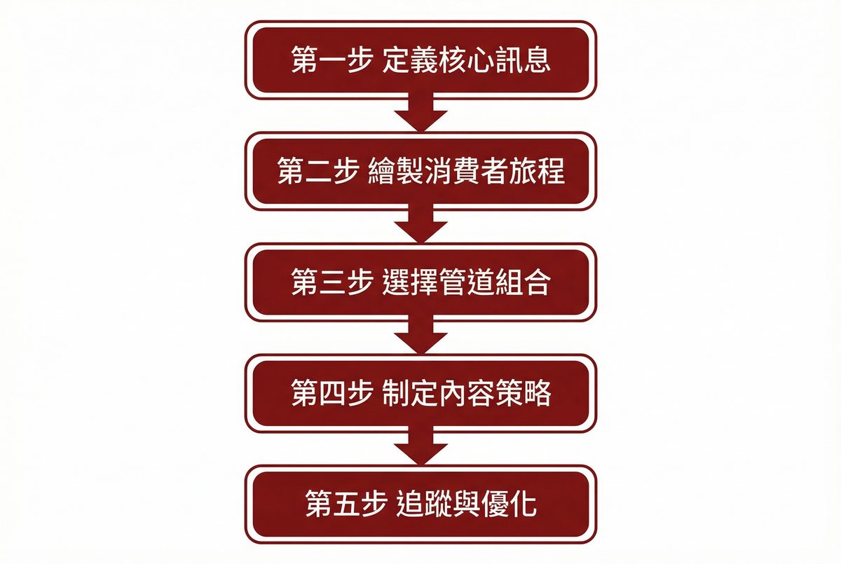 整合行銷五步驟執行流程：定義核心訊息、繪製消費者旅程、選擇管道組合、制定內容策略、追蹤與優化