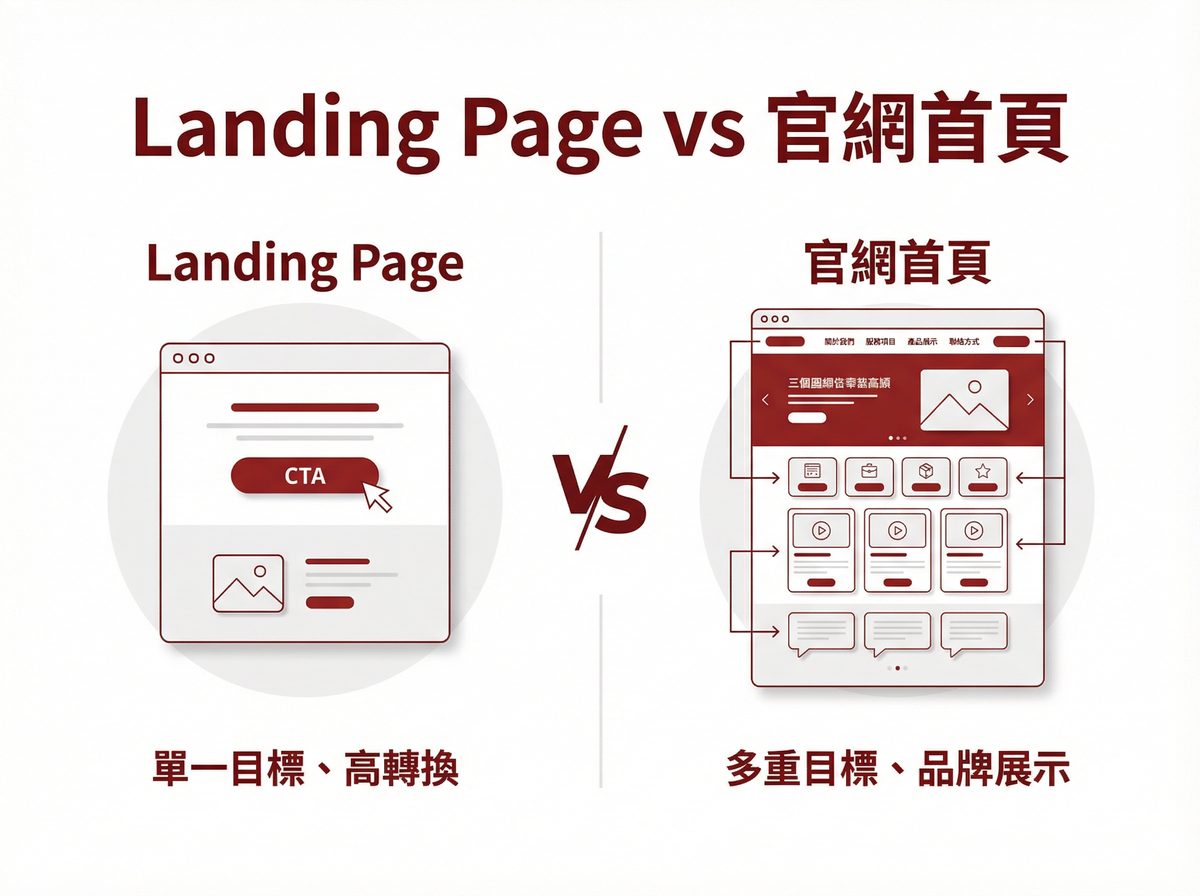 Landing Page vs 官網首頁比較：單一目標高轉換 vs 多重目標品牌展示