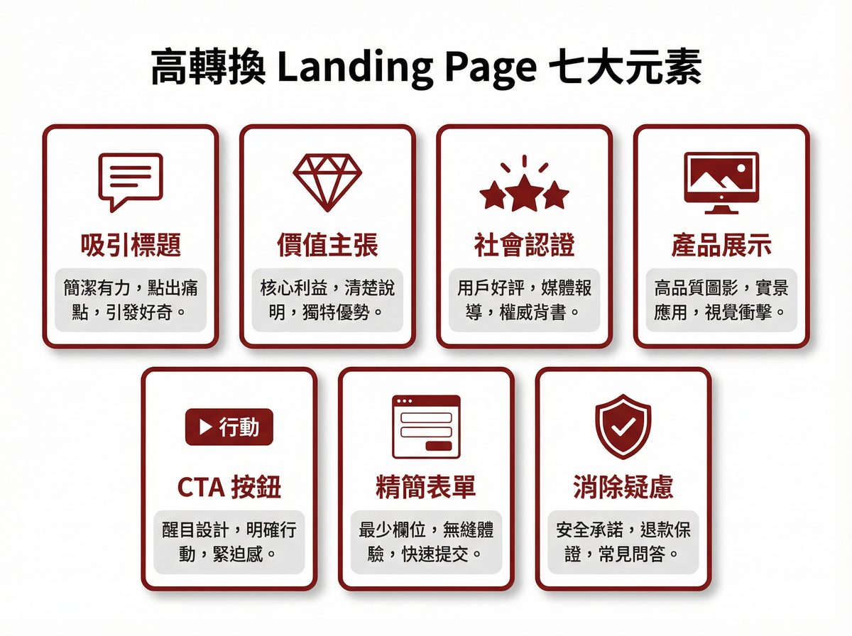 高轉換 Landing Page 七大元素：吸引標題、價值主張、社會認證、產品展示、CTA 按鈕、精簡表單、消除疑慮