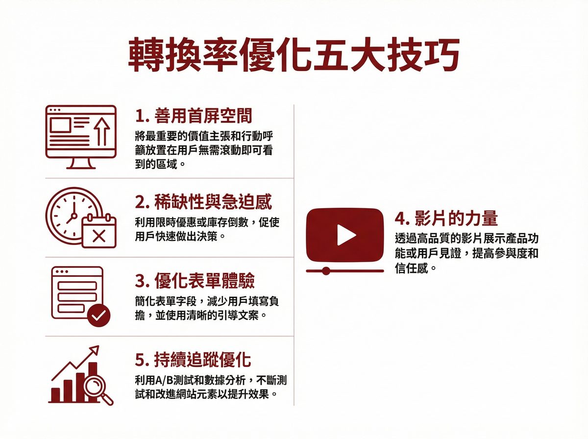 轉換率優化五大技巧：善用首屏空間、稀缺性與急迫感、優化表單體驗、影片的力量、持續追蹤優化