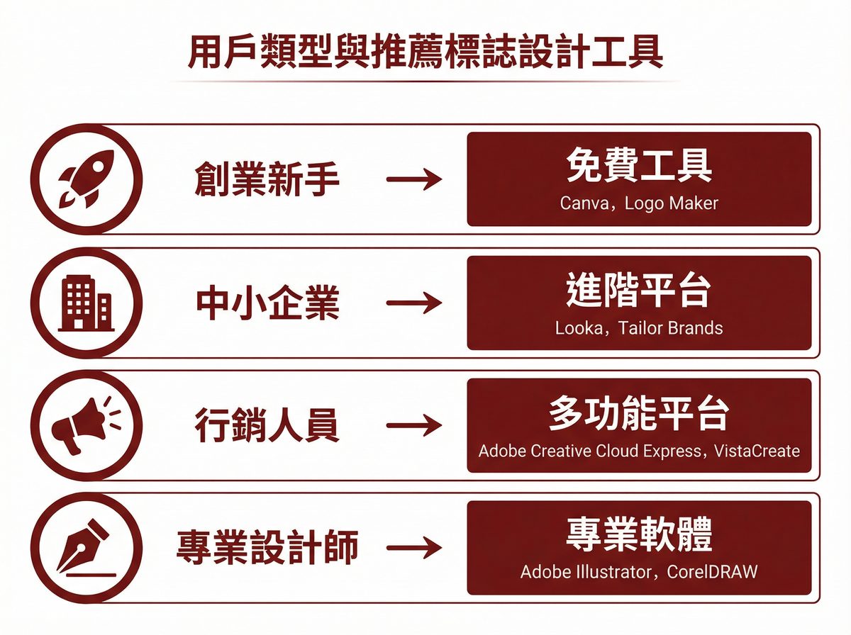 四種用戶類型與推薦 Logo 設計工具對照：創業新手、中小企業、行銷人員、專業設計師