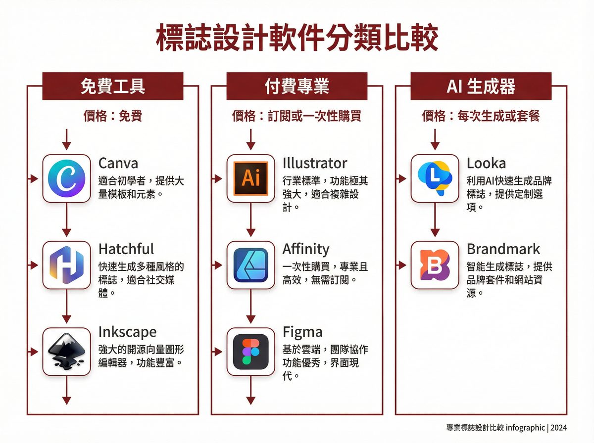 Logo 設計軟體分類比較：免費工具、付費專業軟體、AI 生成器